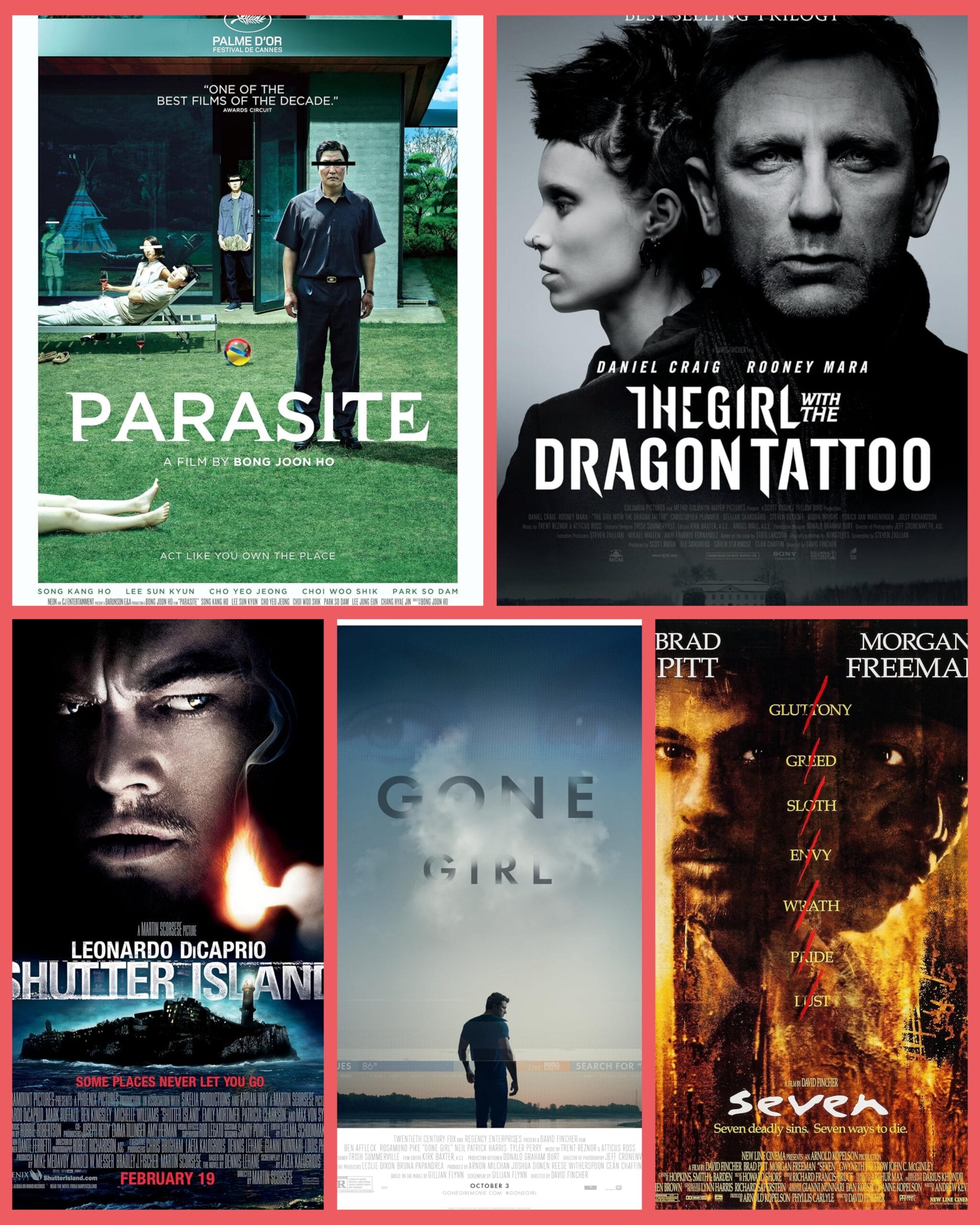 Thriller Movies, parasite, the girl with dragon tattoo, se7en, shutter Island, gone girl 